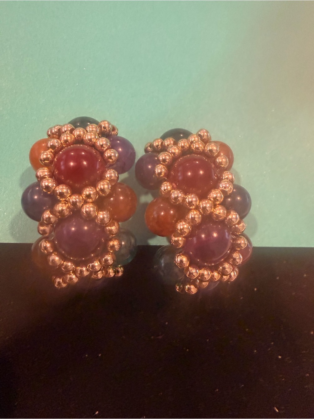 Vintage Beaded Statement Clip Earrings - Gold Accents. 1980s - Picture 2 of 8